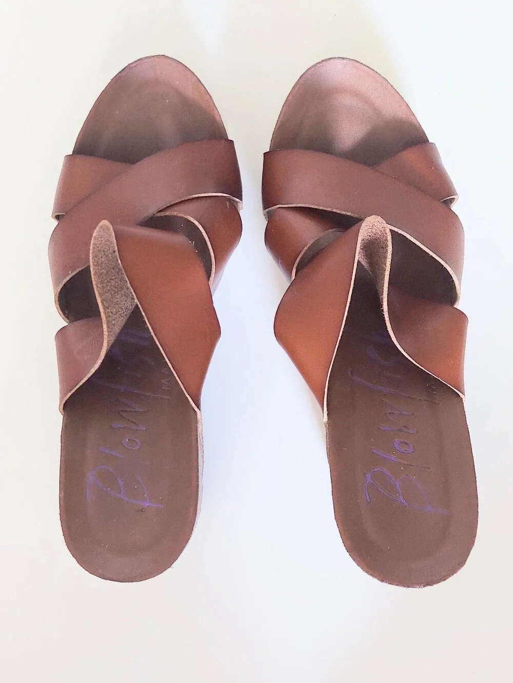 Blowfish Strappy Brown Slip On Cross Strap Open Toe Wedge Sandals Womens Size 10